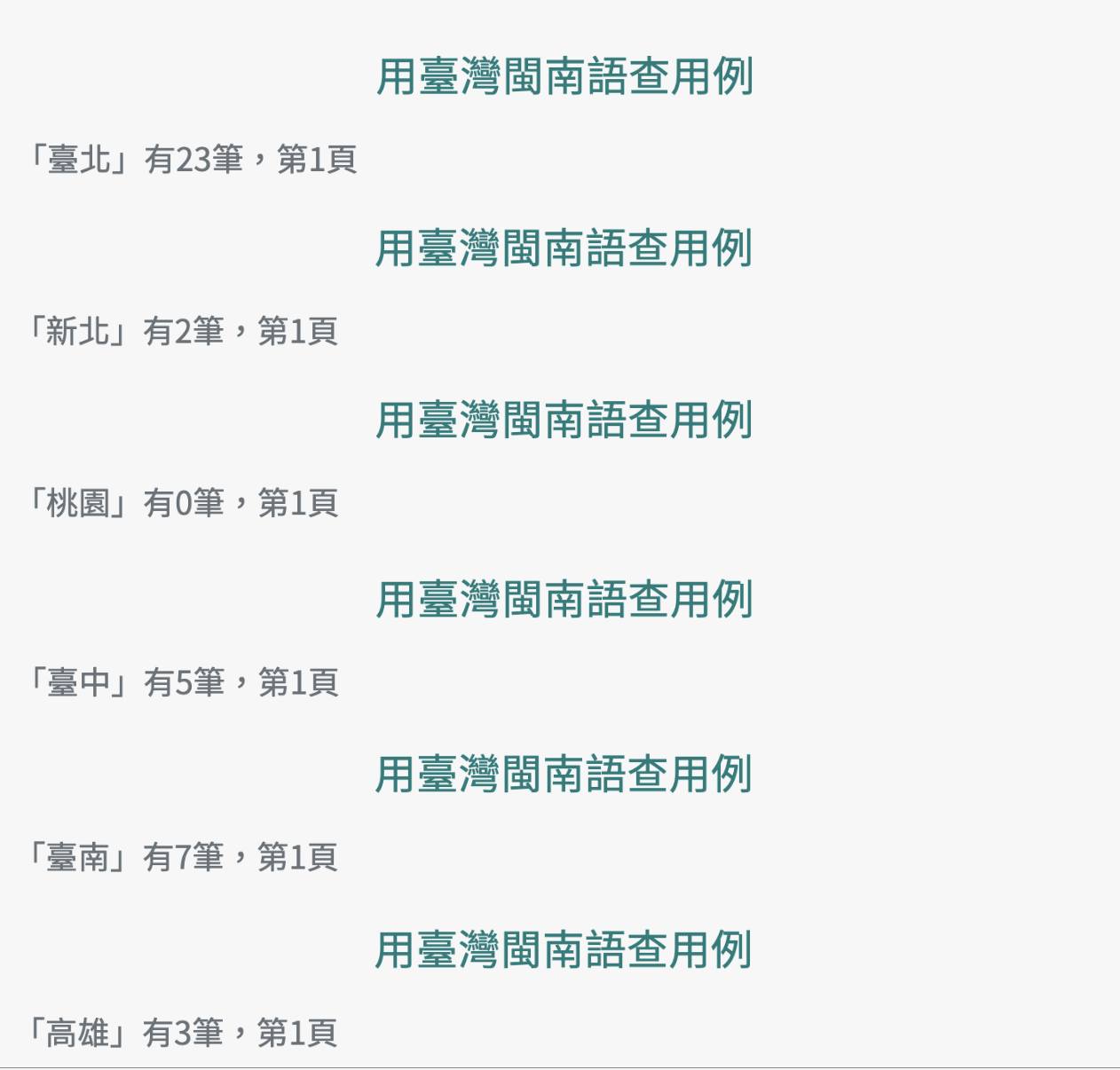 六个縣市的例句數量
